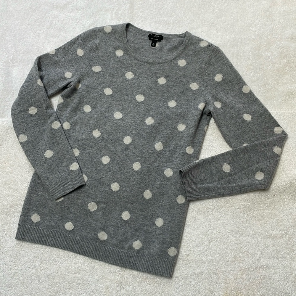 Talbots Pure 100% Cashmere Gray Polka Dot Sweater Size P (FLAWED)